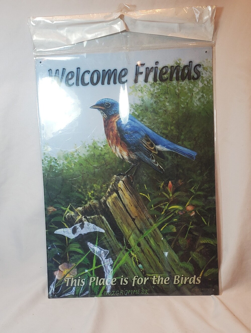 Welcome Friends Vtg 1983 Owen J Gromme On The Watch Blue Bird Metal Tin Sign NOS
